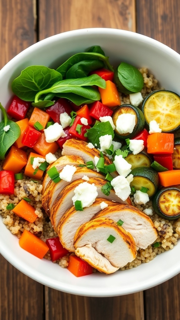 A colorful grilled chicken quinoa bowl with vegetables and feta cheese on a wooden table.